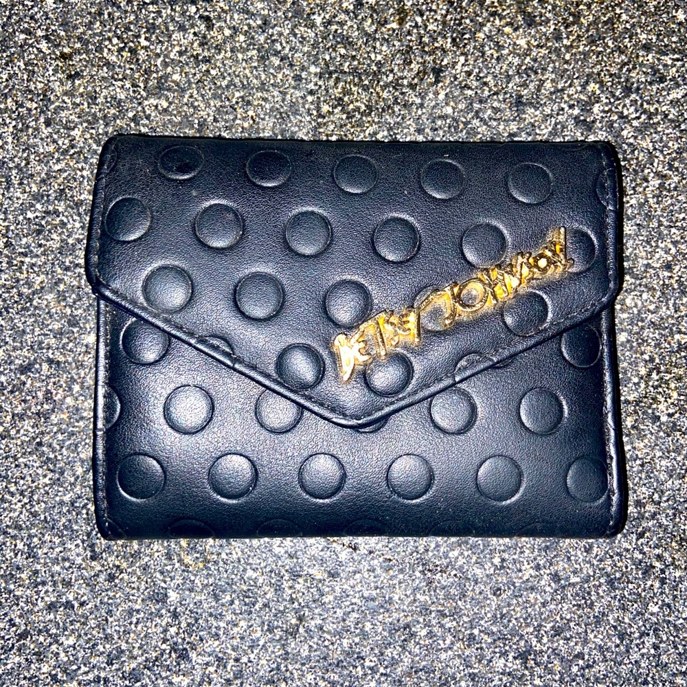 Betsey Johnson Bi Fold Flap Wallet XOLANA Black On Black Polka Dot 5”x 4”